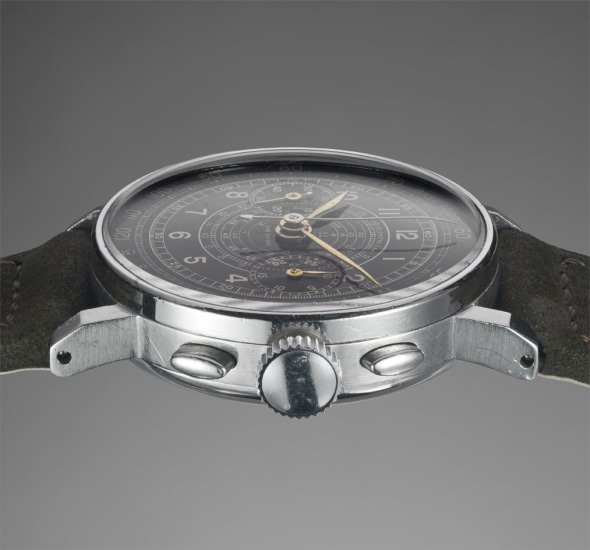 A rare and attractive stainless steel chronograph wristwatch with black multi-scale dial and angled lugs